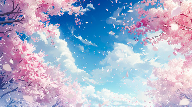 満開の桜と青空に舞い上がる花びらのイラスト背景
