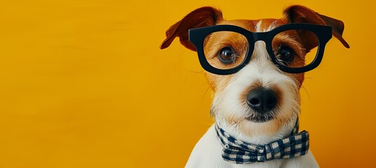 Smart dog wearing stylish black glasses on vibrant yellow background with copy space