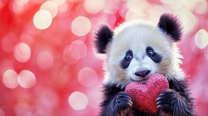 Cute panda baby with heart gift on magical background, valentine s day, cute animals, text space.