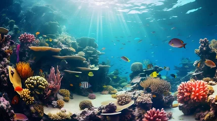 Gartenposter Underwater panoramic view of coral reef and tropical fish. © Iman
