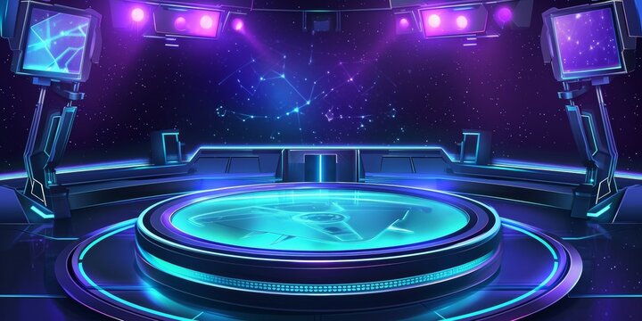 Empty podium presentation on theme futuristic control room with holographic screens and neon lights