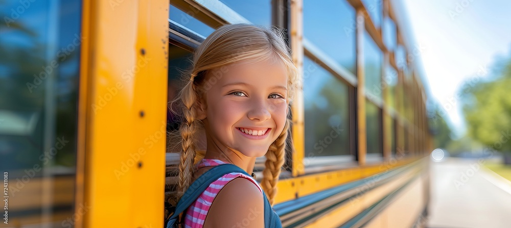 Poster Smiling elementary student girl ready to board school bus with copy space for text placement
