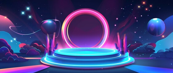 Obraz premium Empty podium Stage illuminated with neon light. Award ceremony concept.