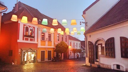Hungary Szentendre colorful lanterns lights decorations in old town along Rhine river and Danube...