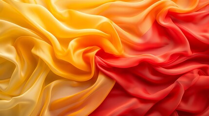 Fototapeta premium Abstract yellow and red background with leaves and semi transparent silk fabric gently waving