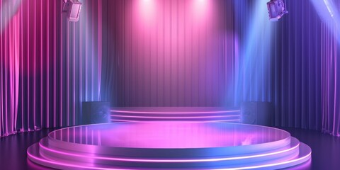 Stage podium with soft lighting, Stage Podium Scene with for Award Ceremony on purple Background, luxury scene for product display presentation.