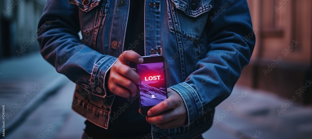 Poster lost holographic text icon on mobile phone with interactive display and copy space