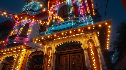 Vibrant Indian Home Facade Illuminated with Twinkling Diwali Lights