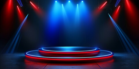 Stage podium with red and blue lighting, Luxury stage Podium Scene with for Award Ceremony - obrazy, fototapety, plakaty