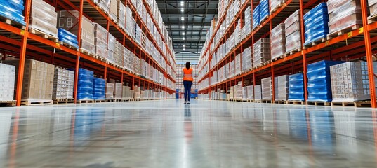 Confident young male warehouse worker in bright distribution center with abundant natural light - obrazy, fototapety, plakaty