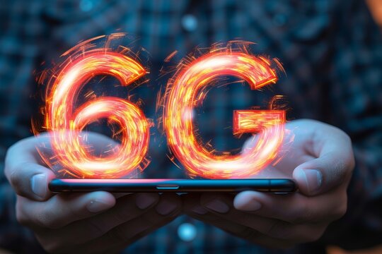 Interactive holographic 6g text icon shining over mobile phone with dynamic lighting