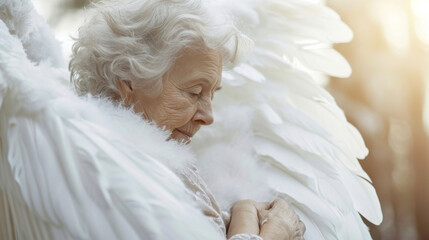 An elderly angel with gentle feathered wings and a loving embrace embodying compion and kindness...