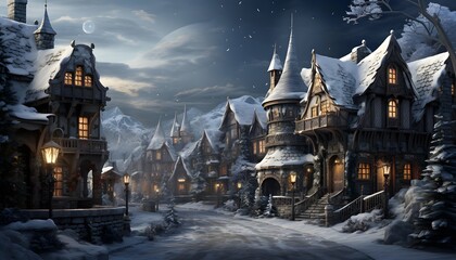 Fantasy winter landscape with houses in the snow. Digital painting. - obrazy, fototapety, plakaty