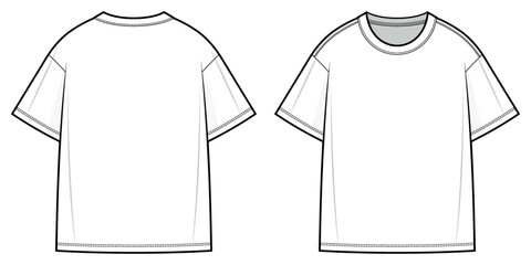 Basic T-shirt flat technical fashion illustration. Tee shirt vector template illustration. front and back view. XL. Plus size. drop shoulder. unisex. white color. CAD mockup. - obrazy, fototapety, plakaty