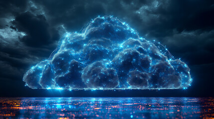 A conceptual image of a storm cloud illuminated with digital circuit patterns hovering over a sparkling city at night.

