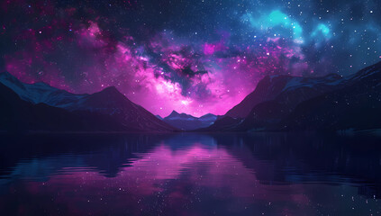 pink starry sky with mountain and lake - obrazy, fototapety, plakaty