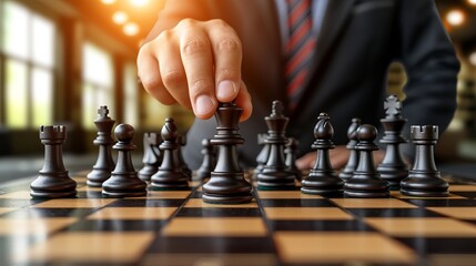 Businessman in suit moving chess figure on chessboardbusiness strategy and leadership concept