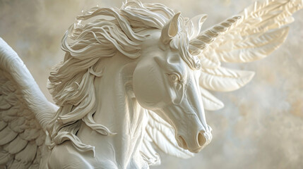 A winged horse with a humanlike face and a gentle wise expression representing the messenger angels...