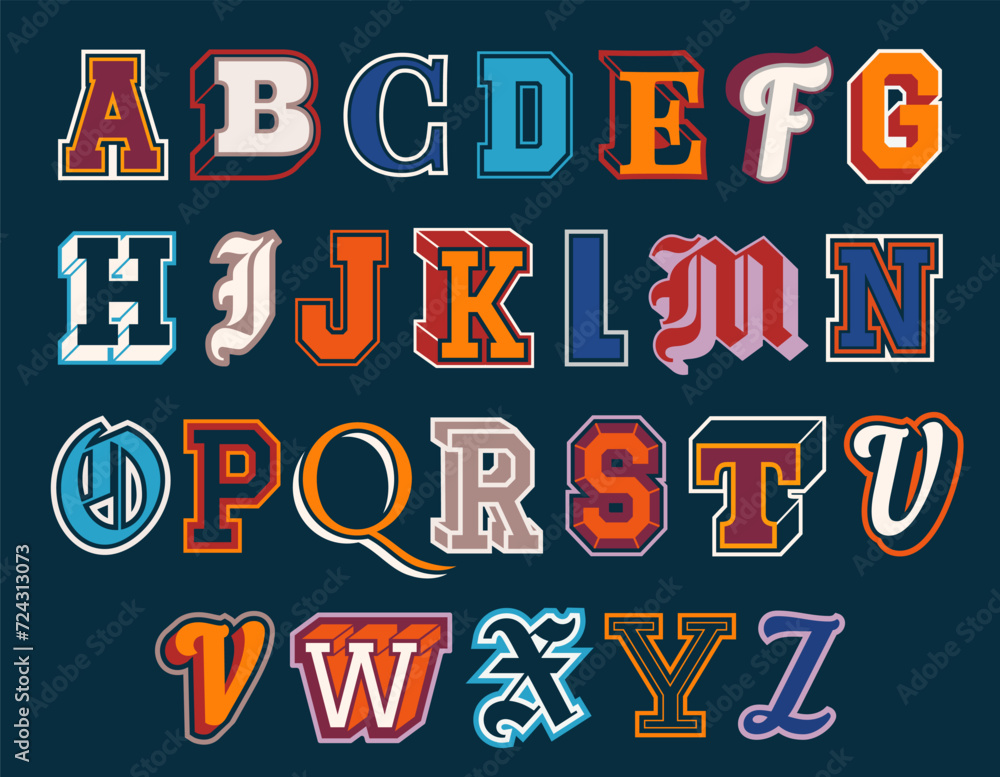 Fototapete set of collegiate athletic letters. vintage university alphabet font elements for sports prints. ret