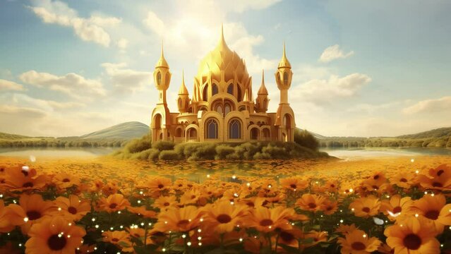 ramadan background with mosque in summer. Summer Solstice Serenade Revel in the Warmth of Summer. seamless looping overlay 4k virtual video animation background 