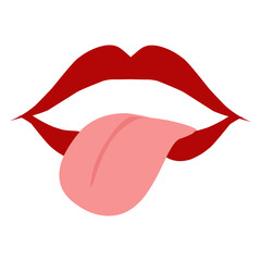 Design a red lip shape with the tongue out. Perfect for sticker, element psoter, banner, greeting card, invitation.
