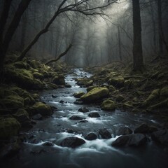 Fog and rain on the river in the forest - 724313402
