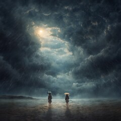 Two female figures with umbrellas walking under a stormy sky - 724313407