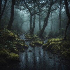 Fog and rain on the river in the forest - 724313419