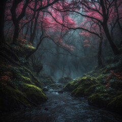 Moody scene of the river in the dark forest - 724313421