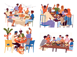 Set of people gatherings around dinner tables. Families, friends and happy characters eat, communicate with each other and spend time together. Cartoon flat vector collection isolated on background