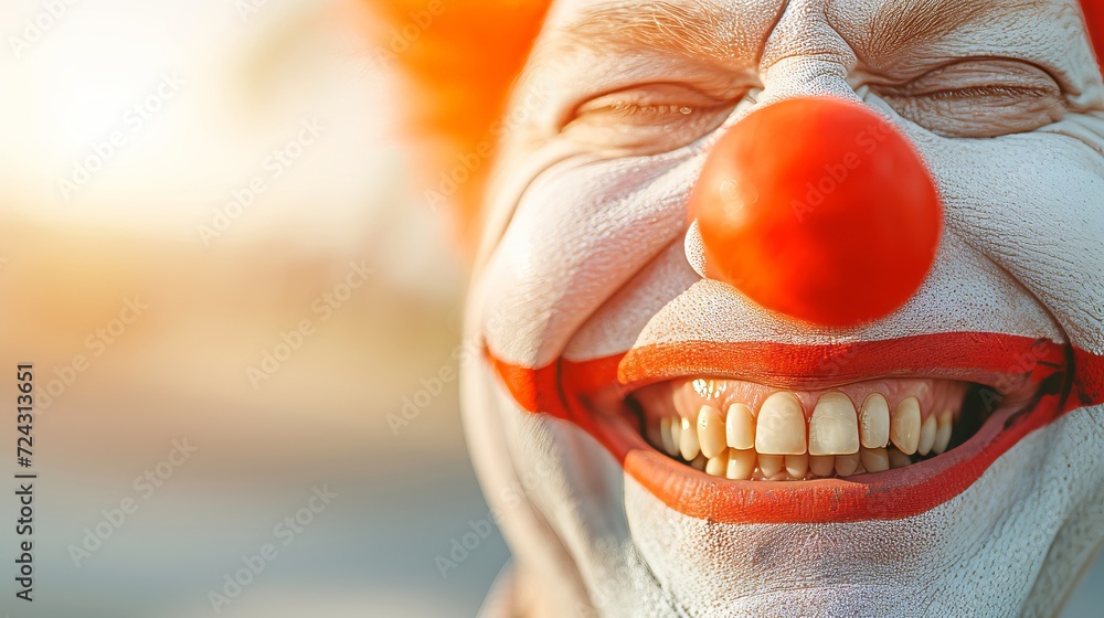 Poster colorful clown portrait on blurred background with space for text, creating a joyful atmosphere.