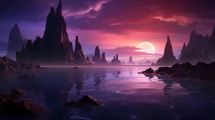 Zelfklevend Fotobehang Fantasy alien planet. Mountain and lake. 3D illustration. © Iman