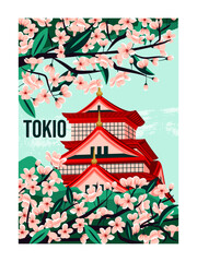 Travel Destination Poster. Colorful postcard with traditional Japanese architecture and cherry blossoms. Summer Journey and tourism. Cartoon flat vector illustration isolated on white background
