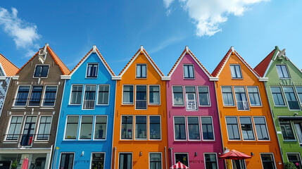 Fototapeta na wymiar Vibrant European Street with Colorful Houses under Blue Sky, blending Historic Charm with Urban Elegance