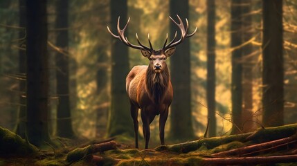 Deer in the forest. Panoramic image of a red deer.