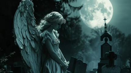 Fototapeta premium An elegant angel with pale skin roams the cemetery their eyes reflecting the moonlight as they watch over the graves.