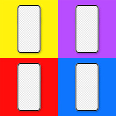 Realistic smartphone with blank touch screen on colorful background. Frameless mobile phone in front view. High quality detailed device mockup. Vector illustration