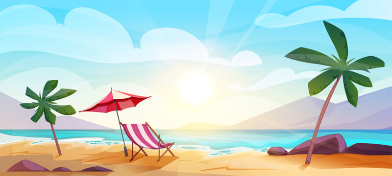 Tropical beach landscape. Beautiful natural panorama with sea or ocean, coastline with sand, exotic palm trees and umbrella. Travel, tourism or summer vacation. Cartoon flat vector illustration