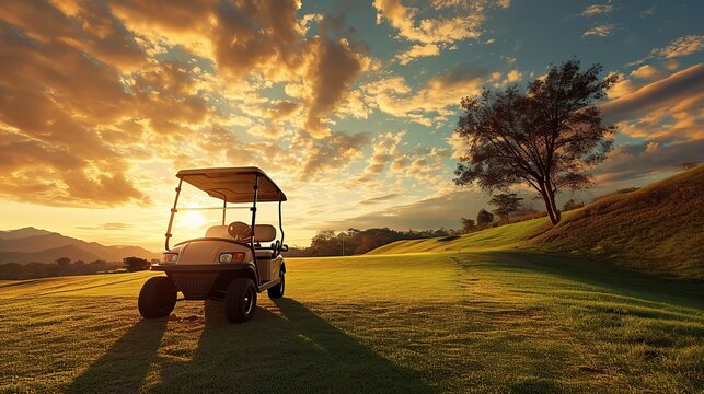 Golf cart car in fairway of golf course with fresh green grass field and cloud sky and tree on sunset time. copy space for text.