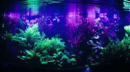 an aquarium with brightly colored algae and plants