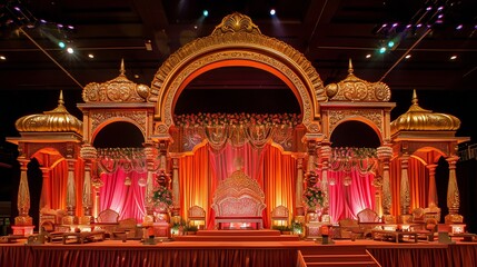 Fototapeta na wymiar Opulent White and Silver Wedding Stage with Floral Accents for an Indian Ceremony