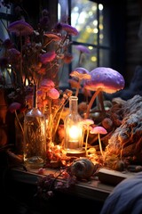 Witchcraft still life with dried flowers, candles and magic potion