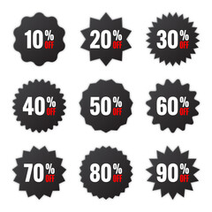 Price tags collection, special offer or shopping discount label with percent, discount percentage value. Black retail paper sticker. Promotional sale badge. Vector illustration