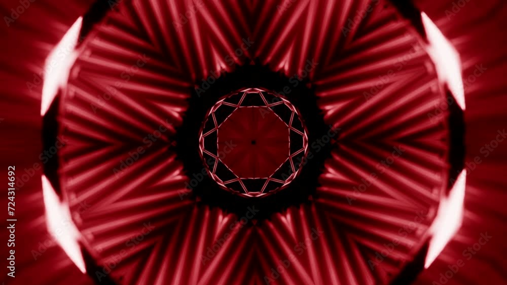 Poster abstract red lights kaleidoscopic animation. design. spreading circular patter with a star.
