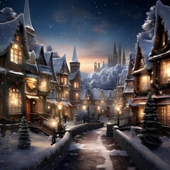 Fantasy winter landscape with a small town in the snow. 3d rendering - obrazy, fototapety, plakaty