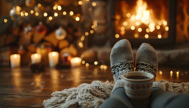 Feet in wool socks by the Christmas fireplace - woman relaxes by warm fire with candles and a cup of hot chocolate in a cozy Xmas winter night