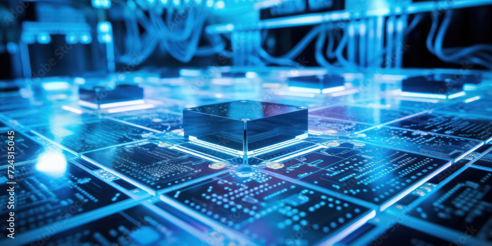 Poster abstract network computing: blue circuit core, connecting digital intelligence in a futuristic cyber