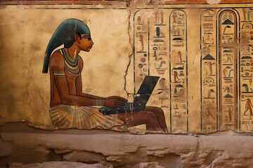 Egyptian hieroglyphs on the wall of an ancient temple using a laptop