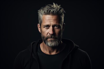 Portrait of a handsome mature man with a beard in a black sweatshirt.