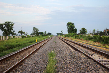 Fototapeta na wymiar double track railway line in a rural area